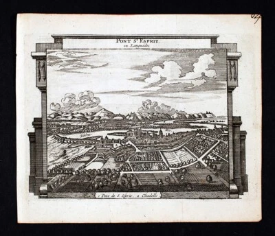 Mapa panorâmico c 1650 MERIAN estampa antiga Pont St. Esprit Languedoc Gard Rhone - Imagem 1 de 3