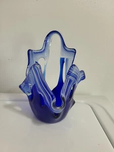 Signed Murano Art Glass Vase Hankercheif Style Cobalt Blue Votive Candle Holder - Picture 1 of 10