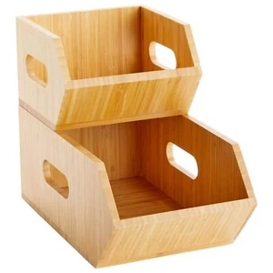 2 Pack Stackable Bamboo Wood Storage Bins Organization Boxes For Kitchen Pantry - Picture 1 of 9