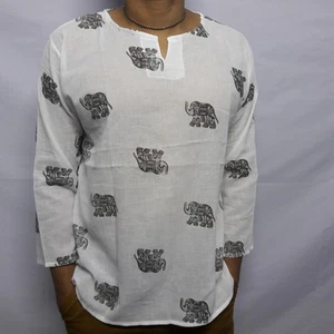 Men's Summer T-Shirt 100% Cotton Thai Hippie Shirt Beach Yoga Top White V-Neck L - Imagen 1 de 10