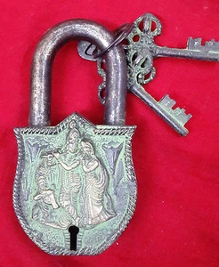 Lord Radha Krishna Design Tricky Lock Brass Handmade Gift Heavy Door Padlock BM1 - Bild 1 von 3