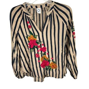Anthropologie Akemi + Kin Manuela Striped Floral Embroidery Blouse XS Brown - Picture 1 of 5