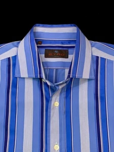 ETRO Shirt Size 40 Men's Navy Blue White Striped Button up Cotton Made in Italy - Picture 1 of 6