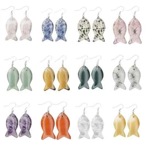 Healing Crystals Earrings for Women Rose Quartz Silver Wire Wrapped Fish Dangle - Picture 1 of 17