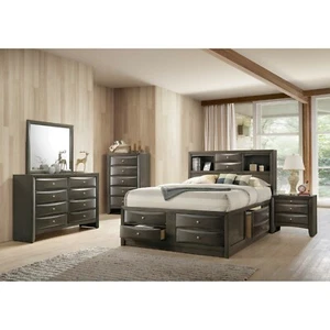 Contemporary Style 5Pc Queen Size Bed Dresser Mirror Nightstand Set Grey Finish - Picture 1 of 6
