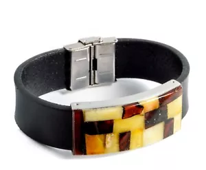 Handmade Baltic Amber mosaic Bracelet, Leather Band, Stainless Steel Clasp - Picture 1 of 8