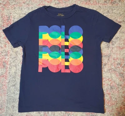 Polo Ralph Lauren Navy Short Sleeve T-Shirt-Boys Size 6-Multicolor Spell Out-GUC - Image 1 of 4