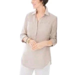 Chicos Top 100% Linen Striped Tunic Roll Tab Sleeve 3 US XL 1/4 Button Pullover - Picture 1 of 7