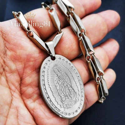 Colgante de acero inoxidable Virgen María Guadalupe circonita cúbica y collar de cadena de bala de 30" Foto 1 de 4