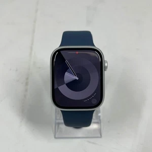Unlocked Apple Watch Series 9 45MM Silver Titanium Abyss Blue Sports Band MRMH3L - Zdjęcie 1 z 6