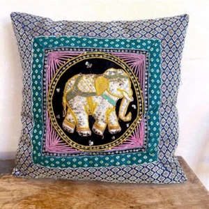ELEPHANT DECORATIVE PILLOW Embellished Sequined Embroidered Handmade in India - Picture 1 of 8