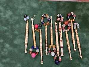 ANTIQUE BONE SPANGLED LACE MAKING BOBBINS NAMED LOT OF 10 - Picture 1 of 2