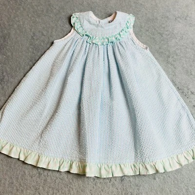 Vestido Bailey Niños Talla 18 Meses Azul Aqua Seersucker Lunares Volantes Borde Foto 1 de 4