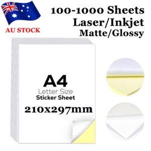 100-1000 Sheets A4 Printable White Stickers 8.5x11 Labels Paper for Laser Inkjet - Picture 1 of 23