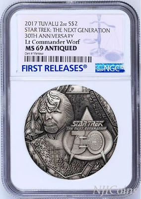 2017 STAR TREK The Next Generation COMMANDER WORF 2oz $2 SILVER COIN NGC MS69 FR - Image 1 of 4