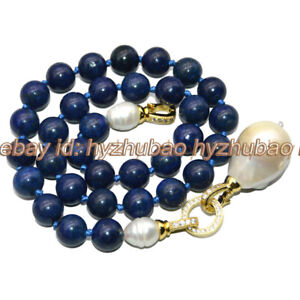 10mm Round Blue Lapis Lazuli Gems White Baroque Pearl Bead Pendant Necklace 20"