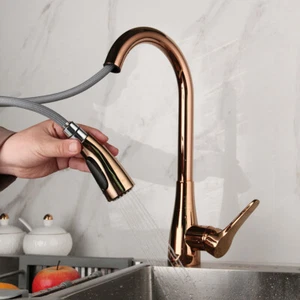 Rose Gold Kitchen Faucet 360°Swivel 2 Spout Pull Down Spray Mixer Tap Deck Mount - Picture 1 of 11