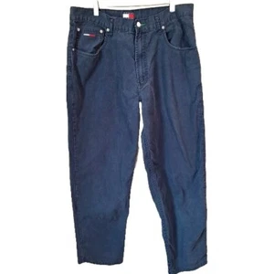 Vtg 90s Blue Tommy Hilfiger All Cotton Work Pants Relaxed Big Logo Men Sz 36x30 - Picture 1 of 8