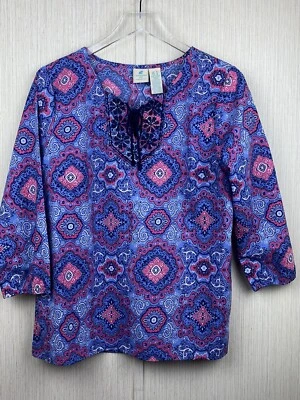 Caribbean Joe Womens M Pink Blue Paisley Print Cotton Top Blouse Embroidered - Image 1 of 4