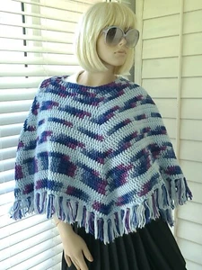 VTG 70's HAND CROCHET KNIT Hippie Boho Poncho Cape Denim Blue Granny Fringe Shaw - Picture 1 of 12