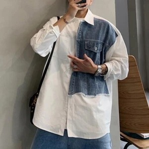 Mode Herren Denim Top Patch Hemd Spleiß Jeansbluse zweifarbig lässig Studenten - Bild 1 von 5