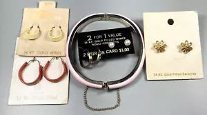 Lot Vtg Jewelry Enamel Hoops 14kt G.F Earrings Retro Pink Hinged Bangle Bracelet - Picture 1 of 9