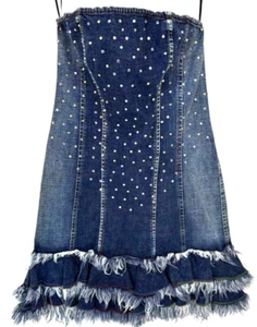 Adilisk Denim Strapless Dress Sz S Glass Jewels on Front Ruffle Fringe on Bottom - Picture 1 of 11