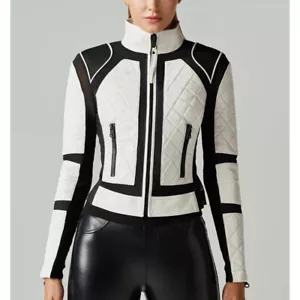 Chaqueta de cuero de motociclista hecha a mano para mujer, chaqueta de diseñador blanca y negra para mujer - Imagen 1 de 7