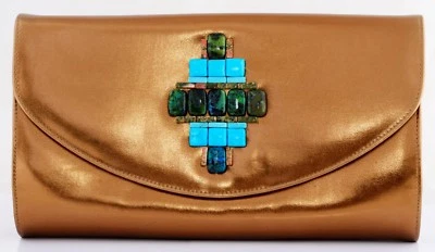 BOLSO CLUTCH SOBRE GRANDE BRONCE METÁLICO KATE LANDRY NUEVO CON ETIQUETAS CON PIEDRAS TURQUESAS Foto 1 de 3