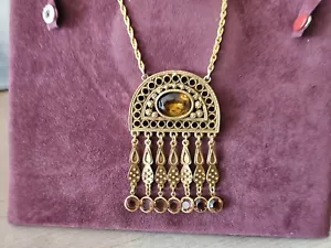 Collier Pendentif Cabochon Ambre Style Goldette Vintage Or 5425/10 - Picture 1 of 17