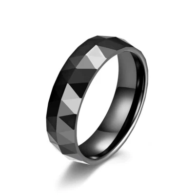 6MM Width Black Ceramic Wedding Band Ring Geometric Diamond Faced Ring Size 7-12 - Image 1 of 2