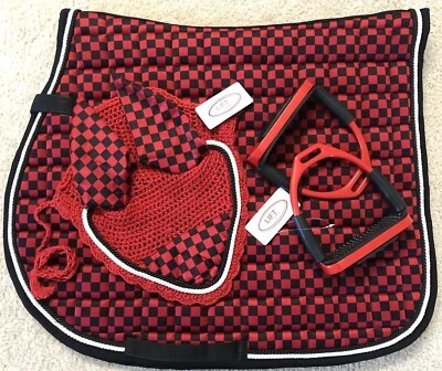 Horse English Saddle Pad Matching Fly Bonnet Ear Net 5” Flex Safety Stirrups Ful - Image 1 of 4