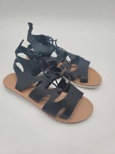 Wild Diva Womens Gladiator Sandals Black White Cutout Flat Heels Lace Up 7.5 New - Picture 1 of 6