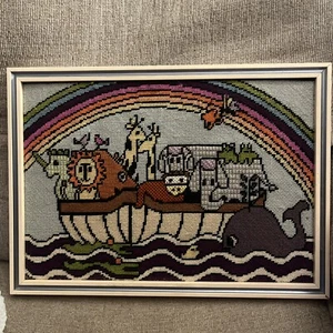Vintage 70’s Noah’s Ark Needlepoint Framed Colorful Animals Birds Fish Funky Kid - Picture 1 of 6