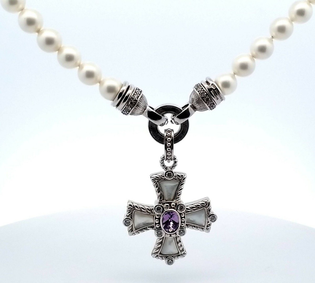 Judith Ripka, Sterling Silver, Pearl, Amethyst Cross Pendant
