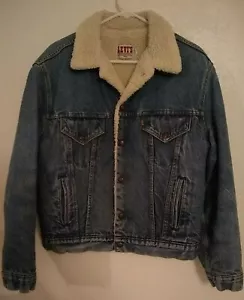 VTG LEVIS Size 44R Sherpa Lined Made in USA Blue Denim Trucker Jacket Mens - Picture 1 of 12
