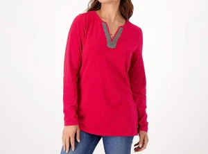 Belle by Kim Gravel Women's TripleLuxe Knit Beaded V-Neck Tunic Raven Red SZ M - Picture 1 of 4