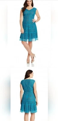 Vestido Anne Klein Mykonos Azul Encaje Superpuesto Marrón Cremallera Talla 14 Línea A Nuevo con Etiquetas  Foto 1 de 4