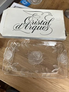 Cristal D'Arques Crystal Frosted Rose Tray Clear France 14.25" X 8.5" - Picture 1 of 11