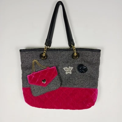 Betsey Johnson Bag Trendy Shopper Pink Velvet Gray Tweed - Image 1 of 4
