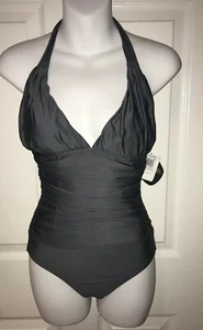 $79 New ATHENA Halter Swimwear sz 6 Gray One-Piece V-Neck Swimsuit 1pc Ruched - Bild 1 von 10