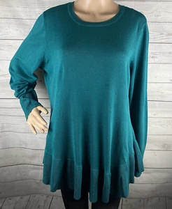 Isaac Mizrahi Live! Sweater Large Turquoise Ruffle Hem Thin Knit Cotton Rayon - Picture 1 of 12