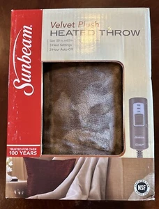 Sunbeam Tan Light Brown Heated Plush Throw 50" x 60" 3 Settings 3 Hour Auto Off - Imagen 1 de 4
