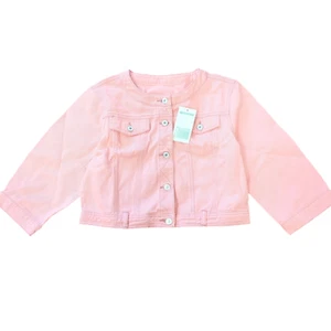 Kedera Women's Pink Cropped Denim Jacket Button Down Collarless 3/4 Sleeve L - Picture 1 of 6