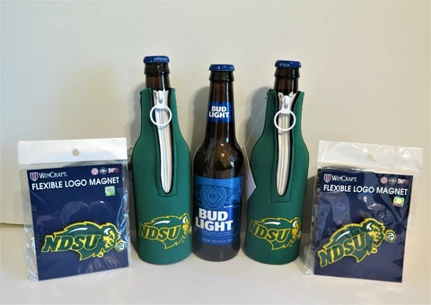 TWO (2) NORTH DAKOTA STATE BISON, NEOPRENE BOTTLE SUITS & TWO FLEXIBLE MAGNETS Cover