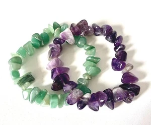 Vintage Amethyst lila & grün Quarz Halbedelstein KLOBIG Stretch Armband  - Bild 1 von 4
