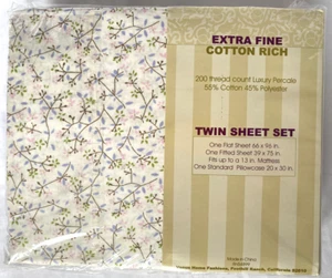 Venus Extra Fine Cotton Rich Twin Sheet Set Pink, Green Flower - Picture 1 of 7
