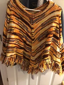Crochet Granny Shawl Shell Fringed Poncho Boho Vintage Yellow/brown - Picture 1 of 1