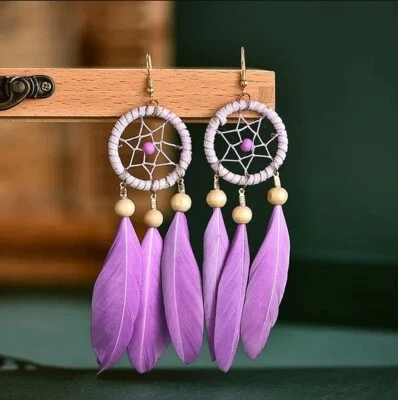 Purple Bohemian Earrings Dream Catcher Feather Earrings-Boho Long Tassel Stylish - Image 1 of 2