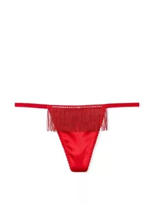 Victoria Secret VERY SEXY Fringe V-String Panty Red Flapper Embellished Satin - Picture 1 of 5